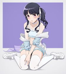 Rule 34 | 1girl, absurdres, artist request, black hair, commentary request, fukumaru koito, full body, hair ribbon, highres, idolmaster, idolmaster shiny colors, jacket, knees together feet apart, long hair, looking at viewer, midriff, navel, off shoulder, open clothes, open jacket, open mouth, purple background, purple eyes, ribbon, shoes, shorts, side ponytail, sitting, sneakers, solo, thighhighs, two-tone background, wariza, white background, white footwear, white shorts, white thighhighs