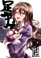 Rule 34 | 1girl, ashigara (kancolle), ashigara kai ni (kancolle), brown eyes, brown hair, character name, commentary request, cowboy shot, elbow gloves, fang, gloves, hairband, kantai collection, long hair, looking at viewer, machinery, military, military uniform, n:go, one-hour drawing challenge, open mouth, smile, solo, uniform, wavy hair, white gloves, white hairband