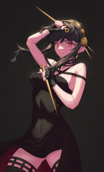 Rule 34 | 1girl, absurdres, arm up, batorasama, black background, black dress, black hair, black thighhighs, breasts, closed mouth, cowboy shot, dress, dual wielding, earrings, floating hair, flower, hair flower, hair ornament, hairband, highres, holding, holding weapon, jewelry, medium breasts, red eyes, short dress, short hair with long locks, sideboob, sidelocks, smile, solo, spy x family, standing, thighhighs, waist cape, weapon, yellow flower, yellow hairband, yor briar, zettai ryouiki