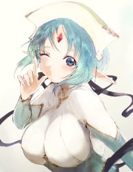 Rule 34 | 1girl, blowing kiss, blue eyes, blue hair, breasts, character request, dress, elf, hat, highres, large breasts, looking at viewer, one eye closed, pointy ears, short hair, solo, traditional media, tutugano, wink