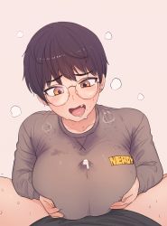 Rule 34 | 1boy, 1girl, black hair, black shirt, blush, breasts, breasts squeezed together, clothes writing, cum, cum in clothes, ear piercing, fang, freckles, glasses, grey background, grey shirt, hetero, highres, large breasts, long sleeves, mole, mole under mouth, monamin, open mouth, orange eyes, original, paizuri, paizuri under clothes, piercing, pov, round eyewear, saliva, shirt, short hair, simple background, sweat, sweaty clothes, upper body