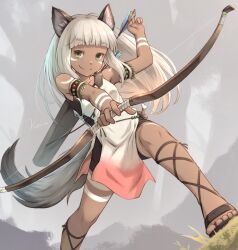 Rule 34 | 1girl, animal ears, archery, armlet, arrow (projectile), black shorts, bow (weapon), brown footwear, closed mouth, commentary request, dark-skinned female, dark skin, dress, green eyes, highres, khell, long hair, ochette (octopath traveler), octopath traveler, octopath traveler ii, pelvic curtain, sandals, shorts, signature, smile, solo, tail, weapon, white dress, white hair