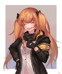 Rule 34 | 1girl, 404 (girls&#039; frontline), ^ ^, absurdres, armband, black jacket, brown hair, closed eyes, colorized, eonsang, girls&#039; frontline, gloves, hair ornament, hair ribbon, hairclip, highres, jacket, navel, open mouth, ribbon, scar, scar across eye, scar on face, scarf, shirt, simple background, smile, twintails, ump9 (girls&#039; frontline), white shirt