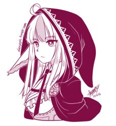 1girl ahoge animal_ears commentary english_commentary fire_emblem fire_emblem_fates hood hood_up long_hair looking_to_the_side multicolored_hair nintendo partially_colored red_eyes red_hood sandragh signature simple_background solo streaked_hair tail two-tone_hair upper_body velouria_(fire_emblem) white_background wolf_ears wolf_girl wolf_tail