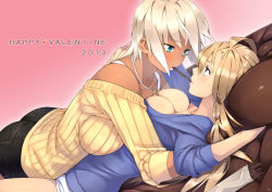 Rule 34 | 10s, 2013, 23 (real xxiii), 2girls, ahoge, bare shoulders, blonde hair, blue eyes, blush, breast press, breasts, cleavage, collarbone, couple, cross, cross necklace, dark-skinned female, dark skin, english text, eye contact, food, happy valentine, heart, highres, interracial, jewelry, large breasts, lips, long hair, looking at another, lying, multiple girls, necklace, off-shoulder, off-shoulder sweater, off shoulder, on back, original, pocky, pocky kiss, ribbed sweater, sela (23), shared food, short hair, shorts, sleeves pushed up, sweater, symmetrical docking, ursula (23), valentine, white hair, wife and wife, yuri