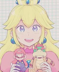 Rule 34 | 1girl, blonde hair, blue eyes, blush, bowser, character doll, crown, doll, dress, earrings, gloves, happy, highres, holding, holding doll, jewelry, long hair, looking at viewer, mario, mario (series), nintendo, pink dress, princess peach, simple background, smile, solo, sphere earrings, super mario bros. 1, teeth, user iww7307