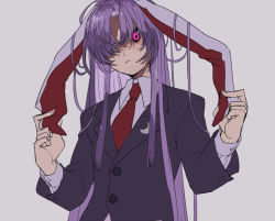 Rule 34 | 1girl, animal ears, bad id, bad twitter id, blazer, blouse, buttons, closed mouth, collared shirt, crescent, crescent pin, grey background, hand on own ear, holding ears, imperishable night, jacket, lapel pin, light purple hair, long hair, looking at viewer, marimo tarou, moon rabbit, necktie, one-hour drawing challenge, pink eyes, purple hair, rabbit ears, red necktie, reisen udongein inaba, shirt, solo, touhou, white shirt