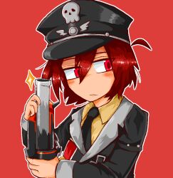 Rule 34 | 1boy, black hat, black jacket, black necktie, blush, camb hkbk, epic battle fantasy, gun, hat, jacket, lance (epic battle fantasy), long sleeves, looking to the side, male focus, medal, military hat, military uniform, necktie, red background, red eyes, red hair, shirt, simple background, solo, uniform, upper body, weapon, yellow shirt