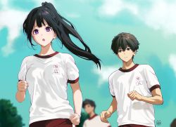 Rule 34 | 1girl, 2boys, alternate costume, artist logo, black hair, blurry, blurry background, breasts, brown hair, chitanda eru, cloud, cowboy shot, green eyes, green sky, gym uniform, highres, hyouka, large breasts, long hair, mery (yangmalgage), multiple boys, oreki houtarou, outdoors, ponytail, red shorts, school uniform, shirt, short hair, short sleeves, shorts, sportswear, tree, white shirt