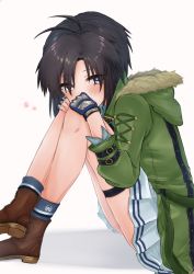 Rule 34 | 1girl, antenna hair, ayuko ammobium, black eyes, black hair, blue gloves, blush, boots, brown footwear, face in hands, fingerless gloves, flower, fur trim, gloves, green jacket, hair over eyes, hands on own knees, highres, idolmaster, idolmaster (classic), jacket, kikuchi makoto, knees up, leaning forward, looking ahead, looking to the side, on ground, pink flower, pleated skirt, shadow, shirt, short hair, sitting, skirt, solo, white background, white shirt