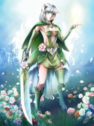 Rule 34 | 1girl, blue background, boots, breasts, bridal gauntlets, brooch, building, cape, castle, center opening, daisy, detached sleeves, dress, energy, eyebrows, flower, full body, garden, grass, green background, green dress, green eyes, green footwear, green thighhighs, hair flower, hair ornament, head tilt, high heel boots, high heels, holding, holding sword, holding weapon, jewelry, knight, lily (flower), magic, maxwindy, meadow, open hand, outdoors, parted lips, pelvic curtain, petals, self-upload, silver hair, single thighhigh, sky, sleeveless, sleeveless dress, solo, spire, standing, sword, thighhighs, tree, weapon