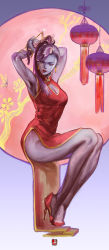 Rule 34 | 1girl, a802, absurdres, adjusting hair, breasts, chinese new year, cleavage, cleavage cutout, clothing cutout, colored skin, commentary, dress, earrings, eyeliner, hair ribbon, high heels, highres, jewelry, legs together, lipstick, long dress, makeup, medium breasts, overwatch, overwatch 1, purple hair, purple skin, red dress, ribbon, shoes, side slit, sitting, solo, updo, widowmaker (overwatch), yellow eyes