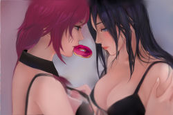Rule 34 | 2girls, absurdres, alternate hairstyle, bad id, bad pixiv id, bare shoulders, black bra, black hair, blue eyes, blush, bra, breasts, caitlyn (league of legends), cleavage, closed mouth, doughnut, embarrassed, facial tattoo, food, food in mouth, grabbing, hair between eyes, hand on another&#039;s shoulder, highres, large breasts, league of legends, lipstick, long hair, looking at another, looking away, looking to the side, makeup, meowlian, multiple girls, pink hair, shy, standing, tattoo, underwear, upper body, vi (league of legends), yuri
