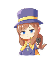 Rule 34 | 1girl, :&lt;, a hat in time, aiming, aiming at viewer, arm at side, blue eyes, brown hair, cape, chibi, closed mouth, collared cape, cropped torso, furrowed brow, gun, handgun, hat, hat kid, high collar, highres, holding, holding gun, holding weapon, jacket, kiwoseo meogneundas, long hair, long sleeves, looking at viewer, outstretched arm, parted bangs, ponytail, purple jacket, simple background, solo, top hat, upper body, weapon, white background, yellow cape, zipper, zipper pull tab