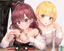 Rule 34 | 10s, 2girls, :3, antenna hair, asymmetrical hair, bare shoulders, blonde hair, blunt bangs, blush, box, breast rest, breasts, candy, casual, chocolate, chocolate heart, cleavage, collarbone, dress shirt, earrings, fingernails, flask, food, gift, gift box, green eyes, hair between eyes, heart, highres, ichinose shiki, idolmaster, idolmaster cinderella girls, indoors, jewelry, long fingers, long hair, long sleeves, love potion, medium breasts, miyamoto frederica, multiple girls, nail polish, off-shoulder, off-shoulder sweater, off shoulder, open clothes, open shirt, pink nails, shirt, short hair with long locks, sidelocks, sleeveless, sleeveless shirt, somalisu, spaghetti strap, strap slip, sweater, table, test tube, upper body, valentine, white shirt, white sweater