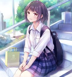 Rule 34 | 1girl, backpack, bad id, bad pixiv id, bag, blue skirt, brown eyes, brown hair, bush, collared shirt, day, gift bag, highres, lamppost, original, outdoors, own hands together, plaid, plaid skirt, pleated skirt, pocket, railing, rock, school uniform, shirt, short hair, sitting, skirt, sleeves rolled up, smile, solo, stairs, tokeshi, uniform, white shirt
