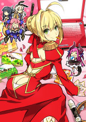 Rule 34 | 10s, 1girl, 5girls, ahoge, all fours, animal ears, apollo chocolate, ass, black hair, blonde hair, blush, breasts, brown eyes, butt crack, candy, chibi, closed eyes, computer, crossover, dress, elizabeth bathory (fate), elizabeth bathory (fate/extra ccc), elizabeth bathory (first ascension) (fate), epaulettes, fang, fate/extra, fate/extra ccc, fate (series), flute, food, from behind, full body, gloves, green eyes, hair intakes, hair ribbon, holding, horns, instrument, juliet sleeves, kantai collection, kitakami (kancolle), kon manatsu, laptop, long sleeves, looking at viewer, looking back, md5 mismatch, mouth hold, multiple girls, nero claudius (fate), nero claudius (fate) (all), nero claudius (fate/extra), open mouth, panties, panty peek, pink hair, puffy sleeves, purple eyes, purple legwear, recorder, ribbon, sexy44, shimakaze (kancolle), sleeves past wrists, smile, standing, tail, tamamo (fate), tamamo no mae (fate/extra), tambourine, underwear, white gloves, white legwear