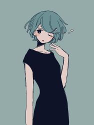 Rule 34 | 1girl, black eyes, blue background, blue hair, blush, dress, looking to the side, maco22, one eye closed, open mouth, original, short hair, short sleeves, solo