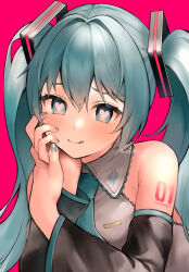 Rule 34 | 1girl, :p, absurdres, aqua eyes, aqua hair, aqua nails, aqua necktie, bare shoulders, black sleeves, blush, collared shirt, commentary request, detached sleeves, grey shirt, hair between eyes, hair intakes, hair ornament, hand on own face, hatsune miku, heart, heart-shaped pupils, highres, long hair, looking at viewer, necktie, number tattoo, shirt, shoulder tattoo, simple background, sleeveless, sleeveless shirt, solo, symbol-shaped pupils, tananuki, tattoo, tongue, tongue out, twintails, twitter username, upper body, vocaloid