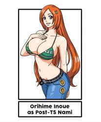 Rule 34 | 1girl, bikini, bikini top only, bleach, breasts, character name, cleavage, color connection, denim, english text, female focus, green bikini, hair ornament, inoue orihime, jeans, large breasts, long hair, looking at viewer, nami (one piece) (cosplay), navel, orange hair, pants, parted lips, smile, solo, standing, stomach, swimsuit, trait connection, underboob