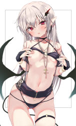 Rule 34 | absurdres, bikini, bikini top lift, black bikini, black gloves, blush, breasts, bridal gauntlets, cameltoe, clothes lift, covering nipples, covering privates, demon girl, demon tail, demon wings, gloves, gluteal fold, groin, hands on own breasts, highres, jewelry, long hair, navel, necklace, open mouth, original, pointy ears, red eyes, silver hair, slit pupils, small breasts, swimsuit, tail, thigh gap, thigh strap, thighs, toshizou (0714), wings