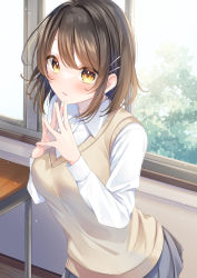 Rule 34 | 1girl, absurdres, blush, brown eyes, brown hair, classroom, commentary request, desk, eyes visible through hair, grey skirt, hair ornament, hairclip, highres, indoors, kmr 7m, long sleeves, looking at viewer, medium hair, original, parted lips, school desk, school uniform, shirt, skirt, solo, sweater vest, uniform, vest, white shirt, window, yellow vest