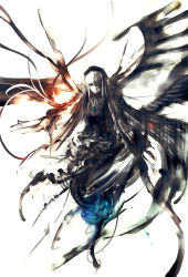 Rule 34 | 00s, 1girl, abstract, arms at sides, asymmetrical wings, black dress, black wings, blue flower, blue rose, colored skin, cross-laced clothes, dress, explosion, expressionless, flower, frills, hair over one eye, hairband, holding, iori yakatabako, long hair, long sleeves, looking at viewer, one eye covered, rose, rozen maiden, silver hair, simple background, solo, speed painting, suigintou, white background, white skin, wings