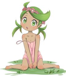 Rule 34 | 1girl, :o, absurdres, aged down, bare shoulders, blouse, breasts, child, cleavage, clothes pull, collarbone, covering crotch, covering privates, creatures (company), dark-skinned female, dark skin, dress, dress pull, feet, female focus, full body, game freak, green eyes, green hair, head tilt, highres, looking at viewer, mallow (pokemon), nintendo, open mouth, pink dress, pink shirt, pokemon, pokemon sm, seiza, shirt, short dress, sitting, small breasts, solo, solo focus, strap slip, swept bangs, white background, white shirt