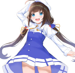 Rule 34 | 1girl, :d, ahoge, arm behind head, arm up, beret, blue dress, blue eyes, blush, brown hair, commentary request, dress, hashiko nowoto, hat, highres, hinatsuru ai, layered sleeves, long hair, long sleeves, open mouth, puffy short sleeves, puffy sleeves, round teeth, ryuuou no oshigoto!, school uniform, short over long sleeves, short sleeves, sidelocks, simple background, sleeves past wrists, smile, solo, teeth, twintails, upper teeth only, very long hair, white background, white hat