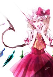 Rule 34 | 1girl, ascot, blonde hair, blood, blood on face, blood on hands, dress, female focus, flandre scarlet, hat, hat ribbon, hino mamori, looking at viewer, open mouth, pink dress, pink eyes, puffy sleeves, ribbon, shirt, short sleeves, side ponytail, simple background, slit pupils, solo, string, string of fate, touhou, white background, wings