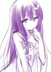 Rule 34 | 1girl, crescent, crescent hair ornament, female focus, hair ornament, long hair, looking at viewer, monochrome, patchouli knowledge, purple theme, simple background, solo, toosaka asagi, touhou, very long hair, white background
