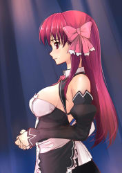Rule 34 | 1girl, akasaai, amane (dream c club), bare shoulders, blush, bow, breasts, cleavage, detached sleeves, dream c club, dream c club (series), hair bow, own hands clasped, highres, large breasts, long hair, maid, own hands together, profile, red eyes, red hair, solo, waitress