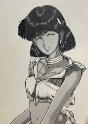 Rule 34 | 1980s (style), 1990s (style), 1girl, blunt ends, bob cut, breasts, cleavage, closed eyes, collarbone, commentary, crop top, dark-skinned female, dark skin, earrings, facing viewer, fushigi no umi no nadia, gem, greyscale, hair ornament, hairclip, halftone texture, highres, hoop earrings, ink (medium), jewelry, kubo shouten, monochrome, nadia la arwall, neck ribbon, necklace, oldschool, parted lips, pendant, retro artstyle, ribbon, scan, scan artifacts, sepia, short hair, short sleeves, simple background, small breasts, smile, solo, torn clothes, torn sleeves, traditional media, uniform, upper body