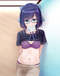 Rule 34 | 1girl, a-chan (hololive), absurdres, artist request, blue hair, bra, clothes lift, glasses, highres, hololive, id card, mouth hold, navel, panties, ribbon, shirt lift, underwear, virtual youtuber