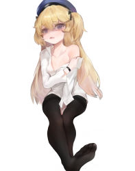 Rule 34 | 1girl, beret, between legs, black pantyhose, blonde hair, blue hat, blush, breasts, collarbone, dokomon, fang, girls&#039; frontline, grey eyes, hair between eyes, hand between legs, hat, highres, long hair, long sleeves, looking at viewer, no shoes, off shoulder, open mouth, pantyhose, shaded face, shirt, simple background, sitting, small breasts, soles, solo, super-shorty (girls&#039; frontline), sweat, thighband pantyhose, two side up, very long hair, white background, white shirt