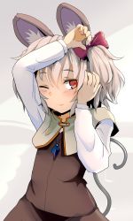 Rule 34 | 1girl, alternate hairstyle, animal ears, arm up, blush, bow, capelet, grey hair, hair bow, hair ornament, hand in own hair, highres, ishikkoro, jewelry, long sleeves, looking at viewer, mouse ears, mouse tail, nazrin, necktie, one eye closed, red eyes, shirt, short hair, simple background, skirt, skirt set, smile, solo, tail, touhou, twintails, vest, white shirt, wink
