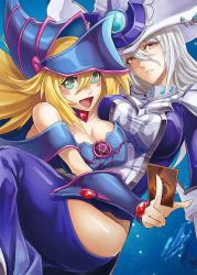 Rule 34 | 2girls, a-er (akkij0358), bare shoulders, blonde hair, blue eyes, blush, breasts, curvy, dark magician girl, covered erect nipples, female focus, grabbing, green eyes, happy, hug, large breasts, long hair, looking at viewer, magical girl, multiple girls, nipples, open mouth, silent magician, simple background, standing, yu-gi-oh!