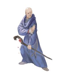 Rule 34 | 1boy, bald, bandages, bracelet, brown eyes, fire emblem, fire emblem: mystery of the emblem, fire emblem heroes, full body, highres, injury, jewelry, male focus, nintendo, official art, one eye closed, pikomaro, solo, staff, teeth, torn clothes, transparent background, wizard, wrys (fire emblem)
