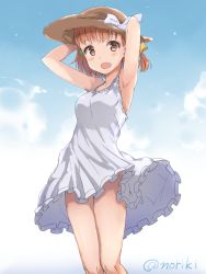 Rule 34 | 1girl, armpits, arms behind head, bare arms, bare legs, bare shoulders, blue sky, blush, breasts, clover hair ornament, cowboy shot, day, dress, feet out of frame, frilled dress, frills, hair ornament, hat, hat ribbon, highres, honorikiti, looking at viewer, love live!, love live! sunshine!!, outdoors, ribbon, sky, sleeveless, sleeveless dress, small breasts, solo, standing, sun hat, sundress, takami chika, tareme, white dress, white ribbon, wind
