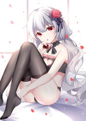 Rule 34 | 1girl, ass, bare shoulders, black bra, black panties, black thighhighs, bra, candy, chocolate, chocolate heart, choker, clothing cutout, commentary request, feet, flower, food, frills, gou lianlian dogface, grey hair, hair flower, hair ornament, heart, heart cutout, highres, holding, honkai (series), honkai impact 3rd, knees up, lingerie, long hair, looking at viewer, low twintails, no shoes, panties, parted lips, red eyes, red flower, rose, solo, theresa apocalypse, theresa apocalypse (luna kindred), thighhighs, twintails, underwear, underwear only, very long hair
