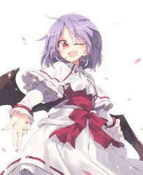 Rule 34 | 1girl, commentary request, fang, fangs, frilled sleeves, frills, light purple hair, long sleeves, nail polish, one eye closed, open mouth, red eyes, red nails, remilia scarlet, satou kibi, shawl, short hair, skirt, smile, solo, standing, touhou, upper body, wings