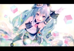 Rule 34 | 1girl, :d, arm up, armpits, asymmetrical sleeves, black sleeves, blue eyes, blue hair, detached sleeves, facial mark, floating hair, gloves, hair between eyes, hatsune miku, highres, index finger raised, layered skirt, letterboxed, long hair, looking at viewer, magical mirai (vocaloid), magical mirai miku, magical mirai miku (2019), miniskirt, open mouth, shiomizu (swat), single sleeve, skirt, smile, solo, standing, thigh strap, uneven sleeves, very long hair, vocaloid, white background, white gloves