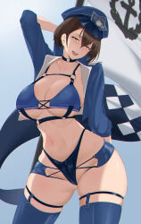 Rule 34 | 1girl, :d, absurdres, arm behind back, arm up, azur lane, baltimore (azur lane), baltimore (finish line flagbearer) (azur lane), bikini, black bikini, black coat, blue background, blue bikini, blue footwear, blue hat, blue jacket, blue shorts, blush, boots, braid, breasts, brown hair, chest harness, choker, cleavage, coat, collarbone, commentary, cowboy shot, cropped jacket, flag, french braid, hair between eyes, harness, hat, head tilt, highleg, highleg bikini, highres, holding, holding pole, jacket, large breasts, looking at viewer, micro shorts, mismatched bikini, navel, official alternate costume, open clothes, open jacket, open mouth, pole, race queen, short hair, shorts, sidelocks, skindentation, smile, solo, standing, stomach, swimsuit, symbol-only commentary, teeth, thigh boots, thigh strap, underboob, underbust, upper teeth only, xllam, yellow eyes