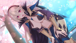 Rule 34 | 1girl, :d, alternate costume, black cape, black panties, blush, breasts, cape, cherry blossoms, cleavage, collarbone, corrin (female) (fire emblem), corrin (fire emblem), covered erect nipples, dark mage (fire emblem fates), fire emblem, fire emblem fates, grey hair, hair between eyes, hairband, highres, kashiwamochi yomogi, large breasts, leaning forward, long hair, long sleeves, looking at viewer, looking down, midriff, navel, nintendo, open mouth, panties, pointy ears, red eyes, revealing clothes, see-through, smile, solo, thighhighs, tree, twitter username, underwear