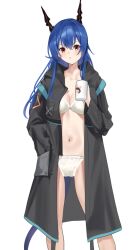 Rule 34 | 1girl, arknights, black coat, blue hair, bra, breasts, ch&#039;en (arknights), cleavage, coat, collarbone, commentary request, cup, dragon horns, feet out of frame, hair between eyes, highres, holding, holding cup, hood, hood down, hooded coat, horns, jacket, lily0428, long hair, long sleeves, looking at viewer, medium breasts, mug, navel, open clothes, open coat, orange eyes, panties, parted lips, simple background, solo, standing, stomach, tail, thighs, underwear, very long hair, white background, white bra, white panties
