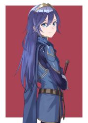 Rule 34 | 1girl, armor, belt, blue cape, blue eyes, blue gloves, blue hair, blue sweater, border, brown belt, cape, closed mouth, commentary request, falchion (fire emblem), fire emblem, fire emblem awakening, gloves, highres, long hair, long sleeves, looking at viewer, lucina (fire emblem), nintendo, outside border, red background, ribbed sweater, shimizu tomoki, shoulder armor, simple background, smile, solo, sweater, sword, tiara, weapon, white border