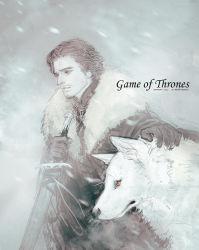 Rule 34 | 1boy, a song of ice and fire, animification, black hair, copyright name, facial hair, ghost (a song of ice and fire), j (onose1213), jon snow, muted color, red eyes, snowing, stubble, wolf