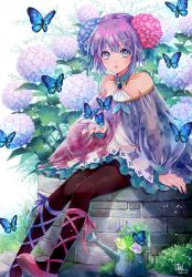 Rule 34 | 1girl, animal, black pantyhose, bow, breasts, brooch, bug, butterfly, collarbone, detached collar, detached sleeves, dress, flower, garden, hair bow, hair flower, hair ornament, hana (mew), highres, holding, holding animal, hydrangea, insect, jewelry, leg ribbon, light blush, looking at viewer, multicolored nails, nail polish, off shoulder, open mouth, original, pantyhose, pink footwear, purple hair, ribbon, see-through, short hair, sitting, small breasts, solo, watering can, white dress, wide sleeves