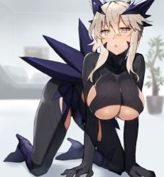 Rule 34 | 1girl, all fours, artoria pendragon (fate), artoria pendragon (lancer alter) (fate), bad id, bad twitter id, bare shoulders, blonde hair, blush, braid, breasts, cleavage, cosplay, fate/grand order, fate (series), gloves, hair between eyes, horns, large breasts, long hair, looking at viewer, navel, open mouth, sidelocks, solo, suminagashi, thighhighs, yellow eyes
