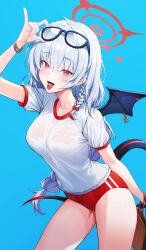 Rule 34 | 1girl, absurdres, black tail, black wings, blue archive, blue background, breasts, buruma, candy, commentary, cowboy shot, eyewear on head, fake wings, food, goeleu, grey hair, gym shirt, gym uniform, hair between eyes, halo, haruna (blue archive), haruna (track) (blue archive), highres, large breasts, long hair, official alternate costume, red buruma, red eyes, red halo, shirt, short sleeves, simple background, single wing, solo, tongue, tongue out, white shirt, wings